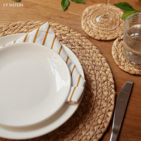 Round Woven Placemats Set of 6, Natural Water Hyacinth, 13.5 Inch Rattan Placemats for Outdoor Patio Table