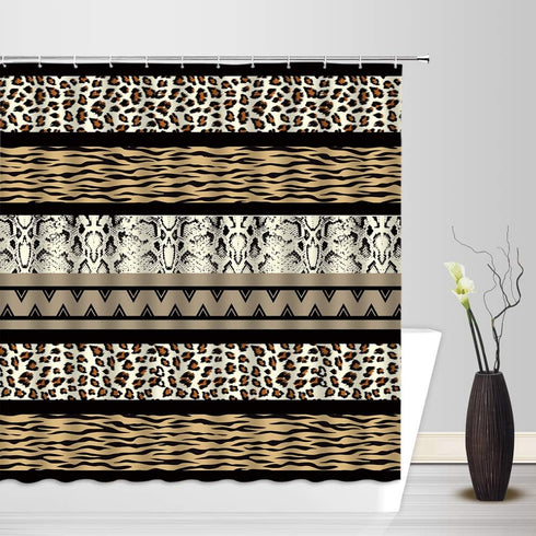 Brown Leopard Print Shower Curtain, 70x70 Inch, Geometric Stripes Patchwork Creative Art Bathroom Decor with Hooks