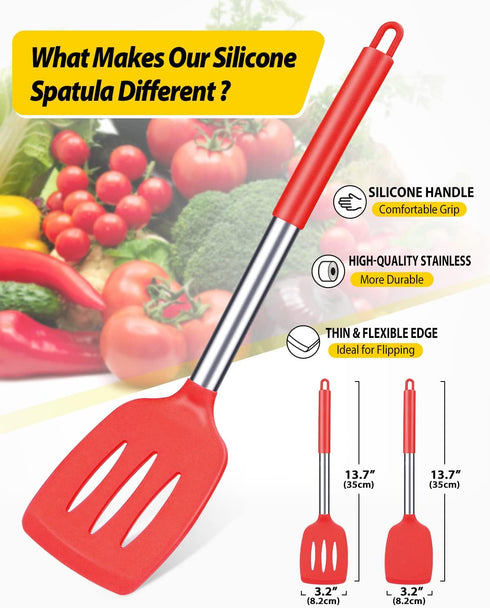 Pack of 2 Silicone Solid Turner, Non Stick Slotted Kitchen Spatulas, High Heat Resistant BPA Free (Red)