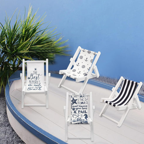 Meching 4 PCS Beach Miniature Furniture Decoration, Mini Wooden Folding Beach Chair Sunbath Chair Longue Deck
