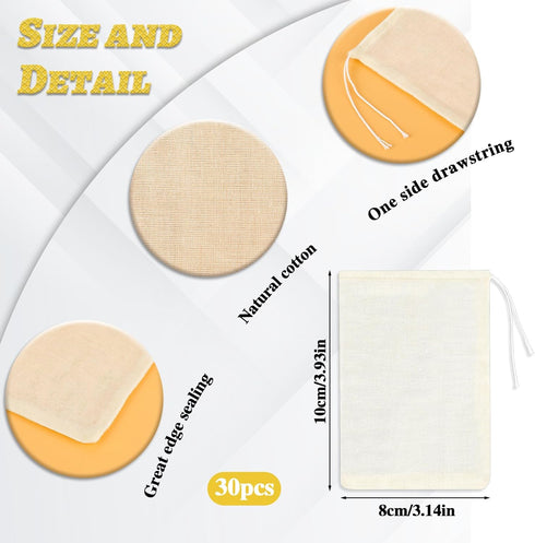 30PCS Spice Bags for Cooking, Reusable Muslin Drawstring Soap Bags for Loose Tea, Cheese Cloth Straining 3x4 Inch