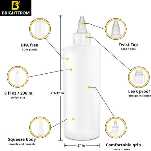 8 OZ 2 PACK BRIGHTFROM Condiment Squeeze Bottles, Empty Squirt Bottle with Clear Twist Top Cap, Leak Proof - Great