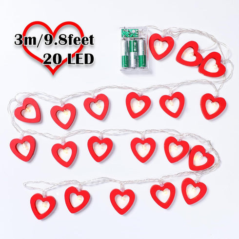 Mudder Valentine's Day Fairy String Lights, 10 ft 20 LED Wooden Heart Red Pink String Lights for Valentine Wedding