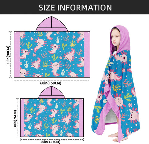 35" 60" 3-10 Swimming Axolotl Hooded Beach Towel for Boy, x Ocean Design Kids Poncho Bath Towel for Toddler, Blue