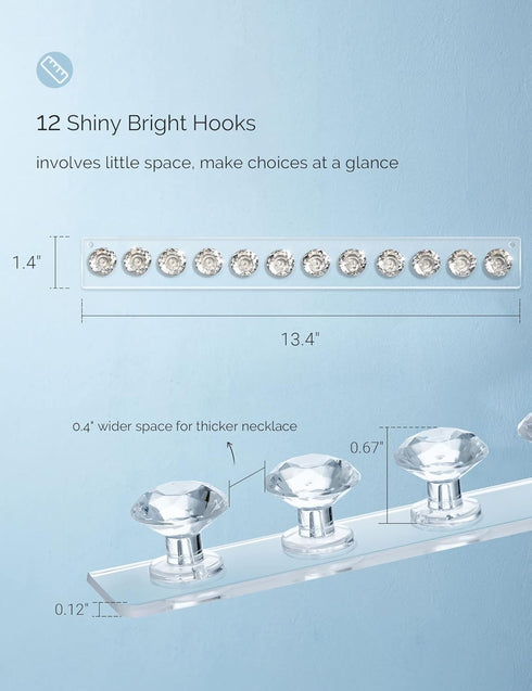 Mymazn 2 Pack Clear Acrylic Necklace Hangers Wall Mounted Jewelry Organizer with 12 Hooks for Girls Women