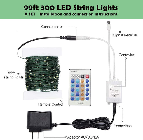 Outdoor Indoor String Lights, 300LED Warm White Fairy Lights 99ft Green Wire Dimmable with Remote Control, Waterproof