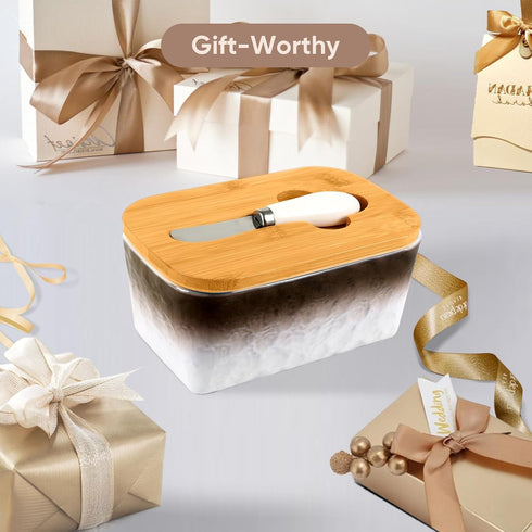 GLAVIONIX 6.5" Countertop, Butter Dish with Lid, Large Butter Container for Ceramic Brown Butter Keeper Container