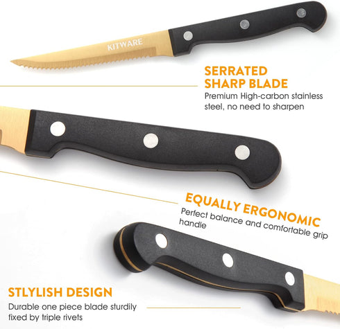 KITWARE Gold Steak Knives Set of 6 pcs, 4.5 inch Stainless Steel Serrated Edge Metal Knife Sets with Gift Box for