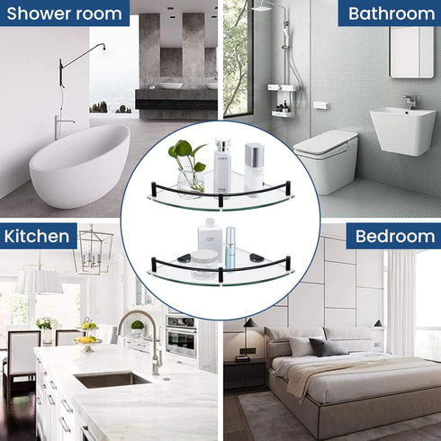 2 Pack Glass Shelf Bathroom Floating Shower Corner Shelves Shampoo Holder with Rail Wall Esquinero para Bao for Inside