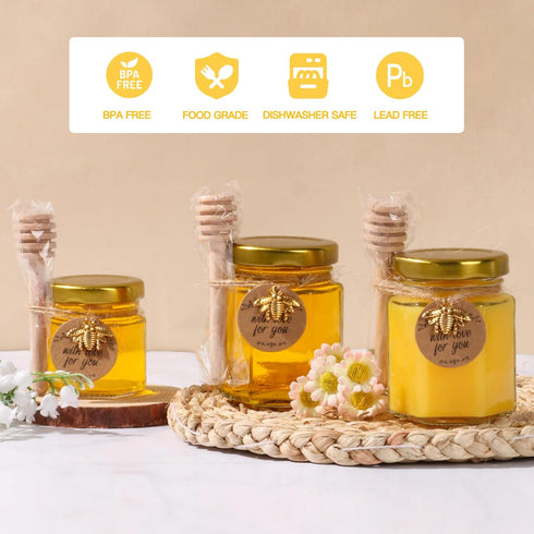 48 Pack 3 oz SZUAH Mini Honey Jars with Dipper, Glass Hexagon Honey Jar for Wedding Favors, Empty Glass Jars for Party