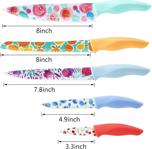 G.a HOMEFAVOR 5-Piece Kitchen Knife Set, Nonstick Coated with 5 Blade Guards, Multicolored