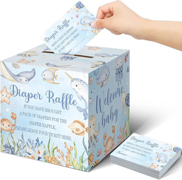 Teling 51 Pieces Diaper Raffle Tickets with Card Box Baby Shower Decorations