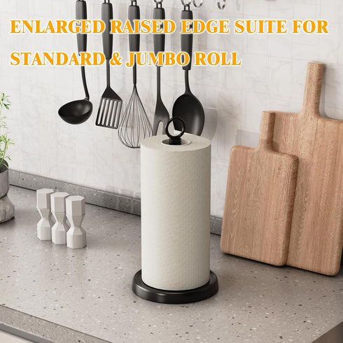 Countertop, Black Paper Towel Holder One-Handed Tear, Stainless Steel, Weighted Base, Ring Paper Towel Holder Stand