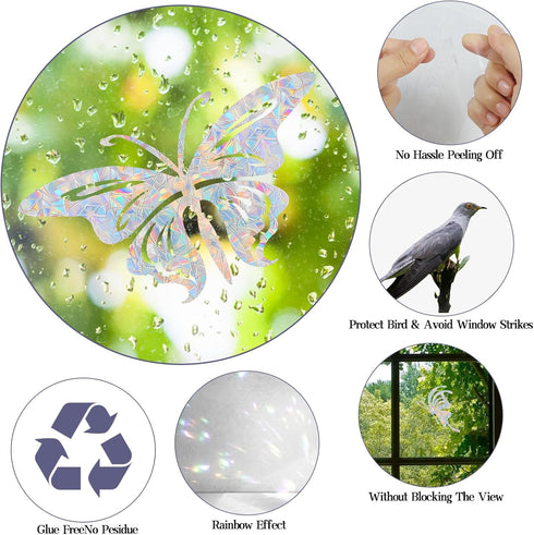 32PCS Butterfly Window Clings - Anti-Collision Window Decals to Save Birds from Window Collisions,Non Adhesive Prismatic Vinyl Window Clings, Rainbow Stickers
