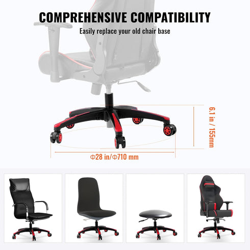 VEVOR Office Chair Base Replacement, 28", 2500 lbs Static Load, Heavy Duty Desk Chair Base with 5 Casters, Black + Red