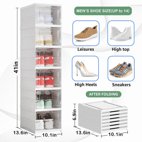 Shoe Organizer Box, 6-Tier Foldable Shoe Rack, Stackable Storage Bins for Men and Women