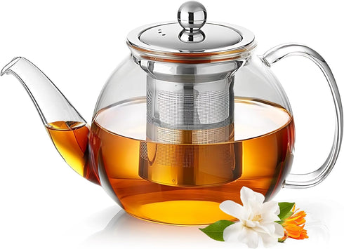 Long-Mouth Glass Teapot, 34oz/1000ml with Removable Loose Tea Infuser, Microwave & Dishwasher Safe
