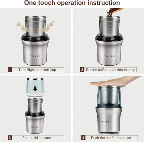 Secura Electric Coffee Grinder and Spice Grinder with 2 Stainless Steel Blades and Removable Bowls