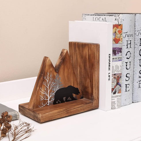 NIKKY HOME Heavy Duty Non Slip Rustic Woodland Mountain Wood Bookend Cute Bear Book Ends Book Stoppers for Cabin Decor
