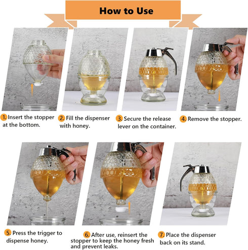 8 oz Timtopno Honey Dispenser, Glass Honey Dispenser No Drip, Honey Pot with Stand, Honey Jar, Maple Syrup Honey