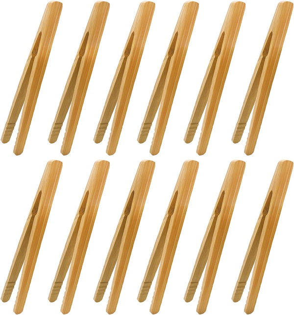 12pcs Bamboo Tongs, 7 Inch Reusable Toast Tongs for Toast, Bread, Pickles, Fruits, and Tea