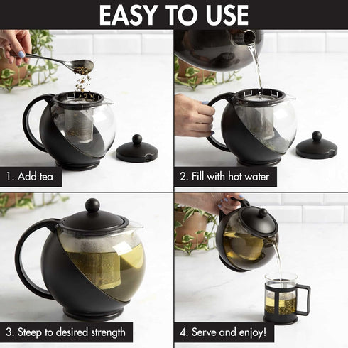 Set 4 40-Ounce, Set, Set 4 Primula Half Moon Teapot with Tea Cups, Removable Stainless Steel Filter and Infuser, Glass