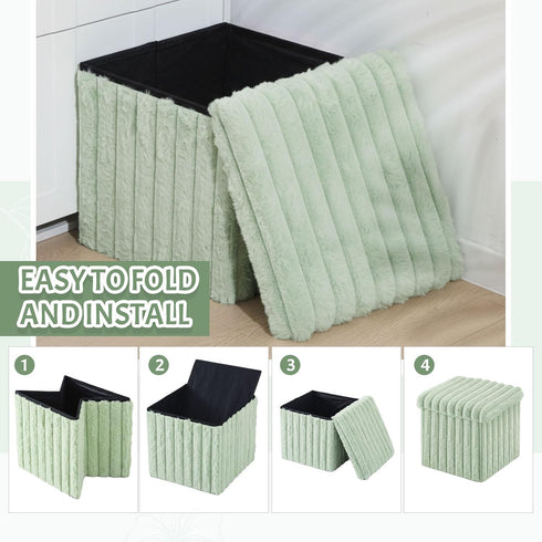 15x15x13 Inch, 265lbs Wenqik Green Storage Ottoman Cube, Fluffy and Furry Green Square Foot Rest Stool, Foldable
