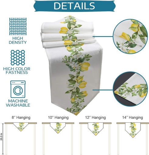 Cotton and Linen Triangle Table Runners, 72 Inches Long, Summer Lemons White Floral Swirls for Wedding Party Decoration