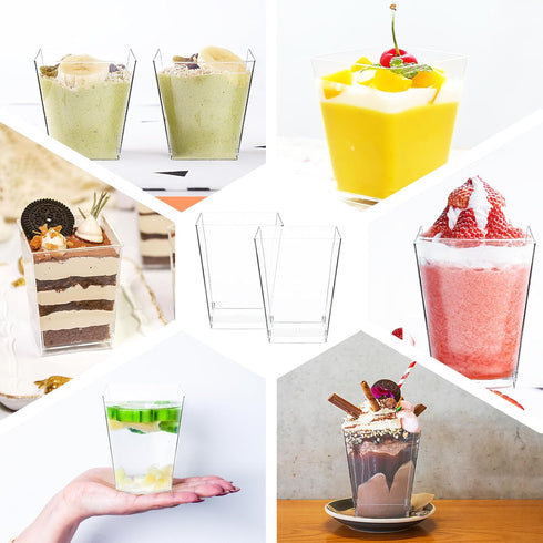 5 oz 20 Pack Mini Dessert Cups, Small Square Plastic Cups, Clear Appetizer Cups for Pudding, Yogurt, Mousse, Wedding