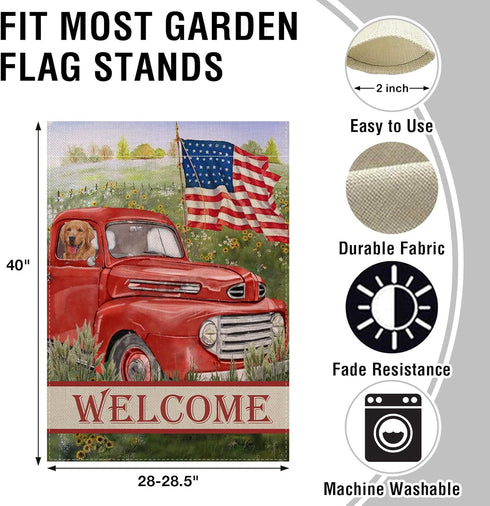 Welcome Summer American Red Truck 4th of July Decorative House Flag, Garden Yard Lawn Patriotic America Dog Outside Decor, USA Spring Home Outdoor Large Burlap Decoration 28x40
