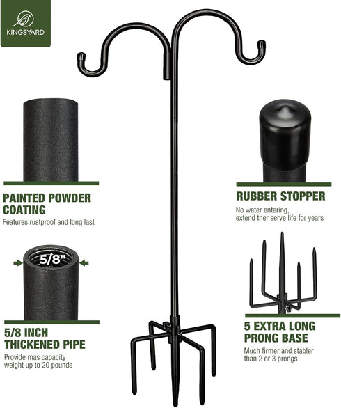 92" 5-Prong Hummingbird Kingsyard Adjustable Double Shepherds Hook for Outdoor - Heavy Duty Bird Feeder Pole w/ Base