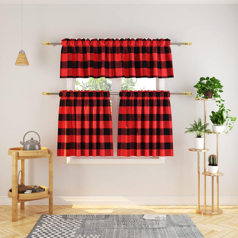 3 Pc Cotton Classic Country Farmhouse Kitchen Window Curtain - Red & Black Buffalo Check Tier & Valance Set, 54" x 18"