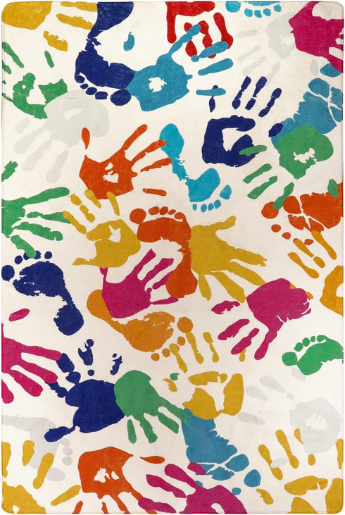 3'x5' STARUIA Colorful Kids Rug for Playroom, Washable Handprints and Footprints Rugs for Kids Room Boys and Girls