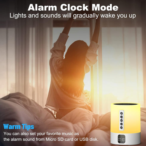 Dimmable 48 10-15 Night Light Bluetooth Speaker Alarm Clock, Sound Machine with White Noise, Touch Bedside Lamp, Warm