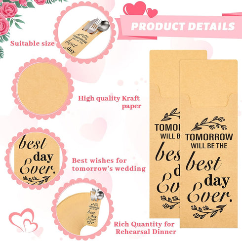 Gueevin 100 Pcs Tomorrow Will Be The Best Day Ever Wedding Paper Silverware Bags, Rustic Cutlery Pouch