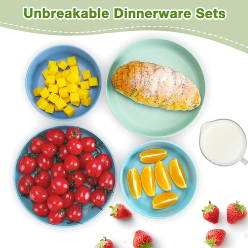 Mfacoy Kids Plates and Bowls Set, Unbreakable Dinnerware - 4 Pcs 7.75" Plates & 4 Pcs 18 oz Bowls, BPA Free