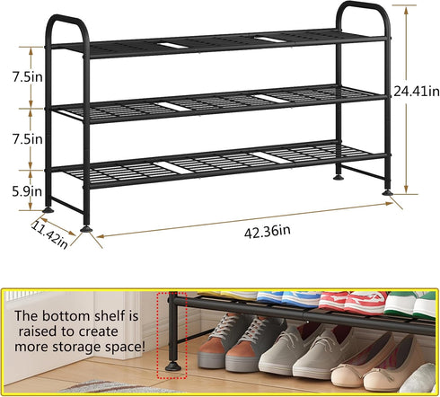 3 Closet LINZINAR Shoe Rack Tier Long Metal Shoe Organizer for Entryway Black