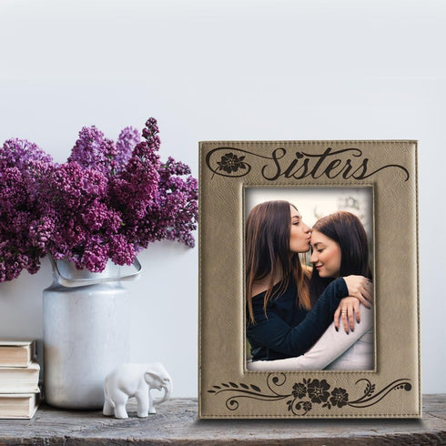 BELLA BUSTA Sisters Picture Frame, Engraved Leather Gift for Sister, 5x7 Vertical