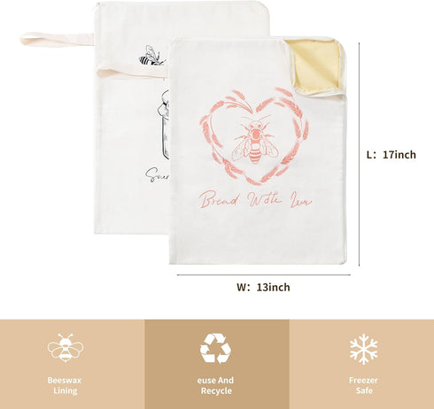 WiNDANCE 2 Packs Wide Zipper Access Beeswax Bread Bags for Homemade Bread - XL Reusable Organic Beeswax Linen Cotton