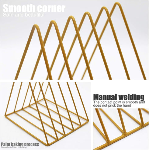 QPEY Triangle File Holder, 5 Slot Metal Vinyl Record Stand, Magazine Holder for Office Home, 1 Pc, Gold