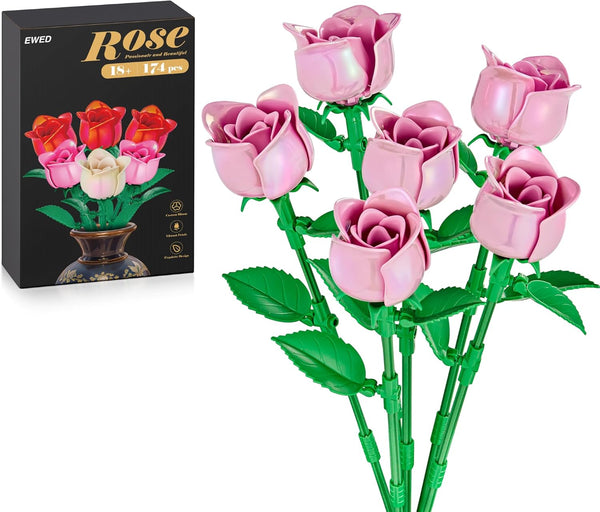 EWED Rose Flower Bouquet Building Set: Artificial Flowers Botanical Collection Blocks Kit for