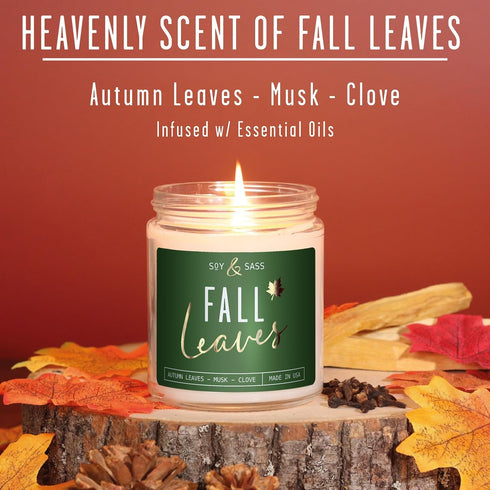 Fall Candles - 'Fall Leaves' Fall Candle w/Autumn Leaves, Clove & Musk I Infused with Essential Oils I Autumn Fall Scented Candles I Cozy Cute Fall Décor Fall Gifts I 9oz Jar I 50Hr Burn I Made in USA