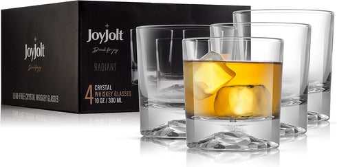 JoyJolt Set of 4 Everyday Whiskey Glasses - 10oz Old Fashioned Crystal Scotch, Rocks, Bourbon, Liquor, Cocktail Glasses