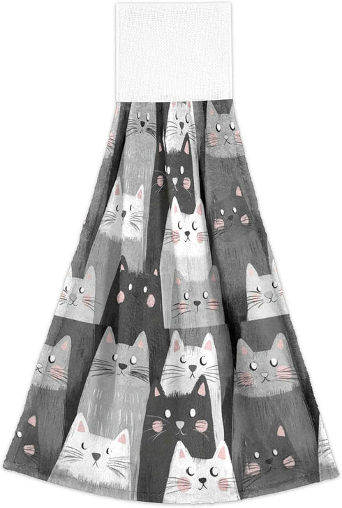 Boccsty Cats Kitten Pattern Hanging Kitchen Towels, 2 Pieces Funny Gray Kitty Dish Cloths for Bathroom & Home