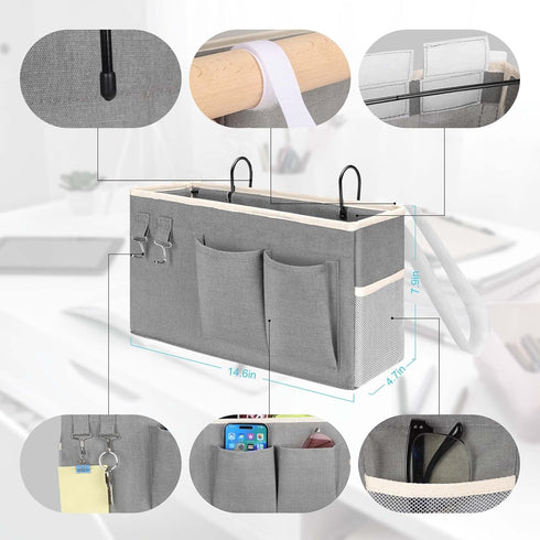 1pcs (Grey-1pcs) Kanrichu Bedside Caddy Hanging Storage Bag, Organizer Baskets with Pockets for Bunk Bed Accessories