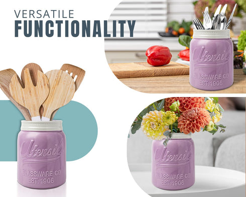 Comfify Wide Mouth Mason Jar Utensil Holder - Decorative Kitchenware Organizer, Chip Resistant Ceramic, Purple