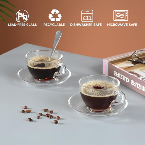 Set, 6 Pack 7OZ/210ML, Glass Teacup and Saucer Coffee Mug with Stainless Steel Spoon Suitable for Espresso Juice