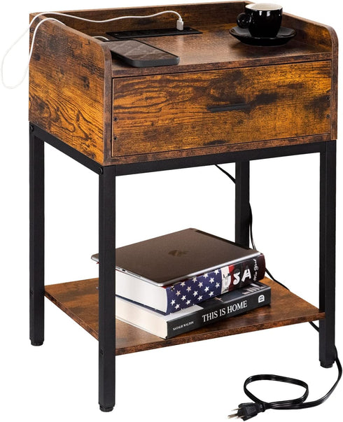 Lerliuo Nightstand with Charging Station, 3-Tier End Table with Storage Drawer, Modern Bedside Night Stand, Retro Brown