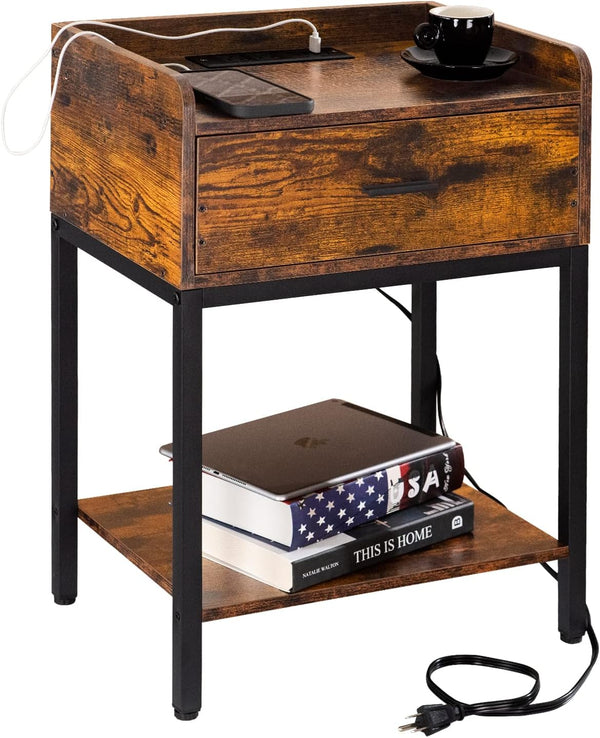 Lerliuo Nightstand with Charging Station, 3-Tier End Table with Storage Drawer, Modern Bedside Night Stand, Retro Brown