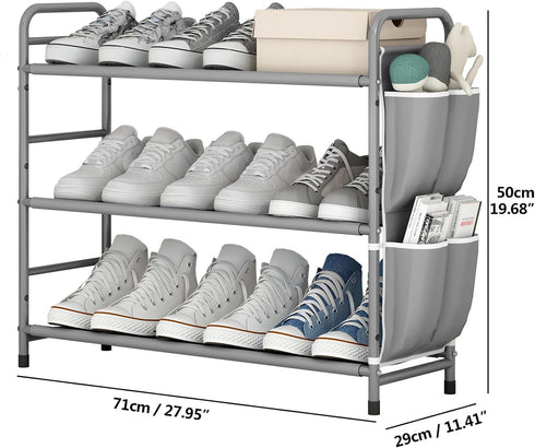 3 7-9 Closet, Tier Shoe Rack with Side Pockets, Shoe Organizer Space Saver Storage for Pairs Shoes Storage Shelf Sturdy